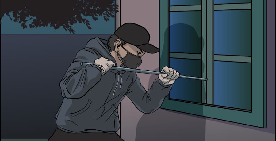 Illustration of burglar forcing entry through a window in Harrisburg