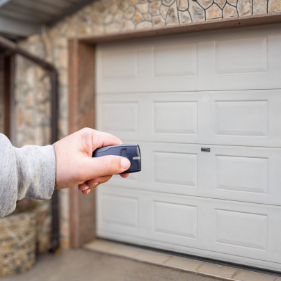 Harrisburg security key fob pointing to a garage door